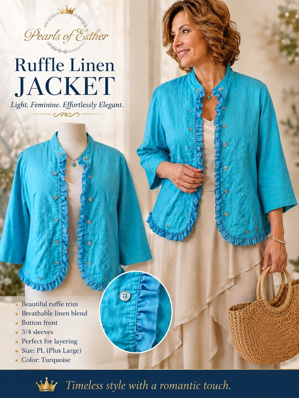 Slimsation By Multiples Turquoise Ruffle Linen Jacket - Picture 2 of 2